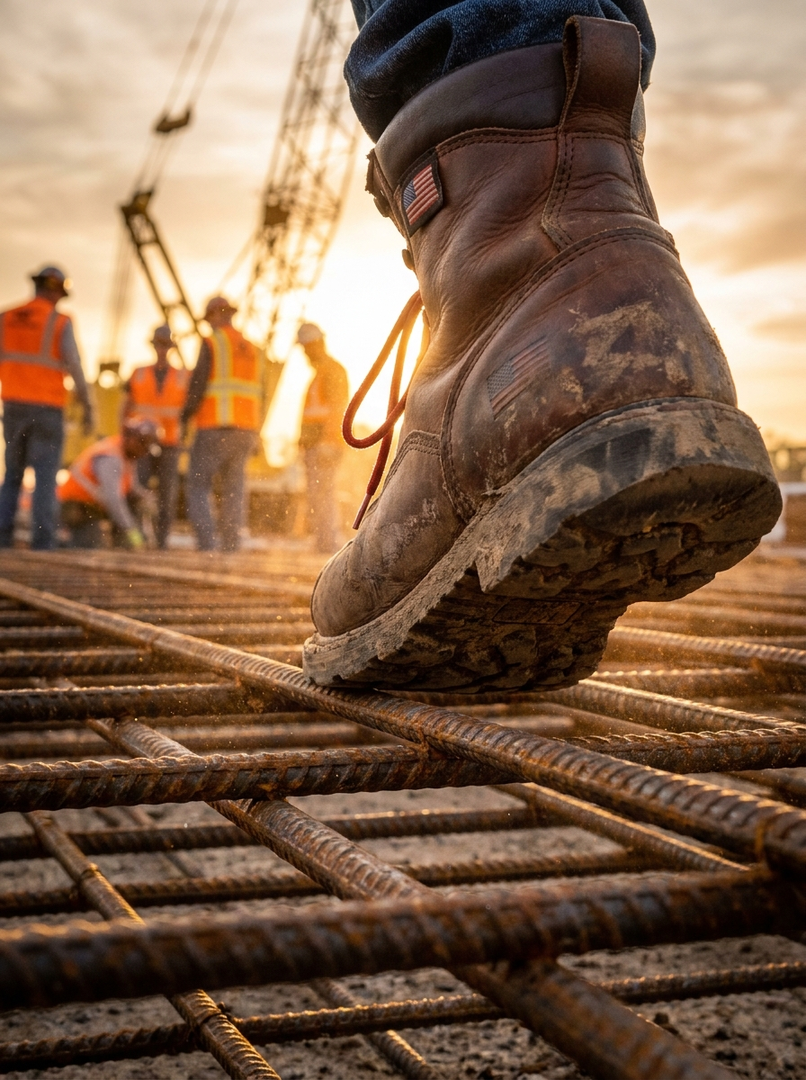 Work boot stepping across a rebar grid at sunrise