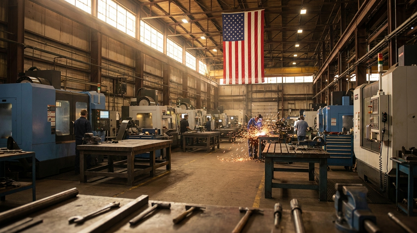 American factory floor with welding sparks and a flag in the rafters