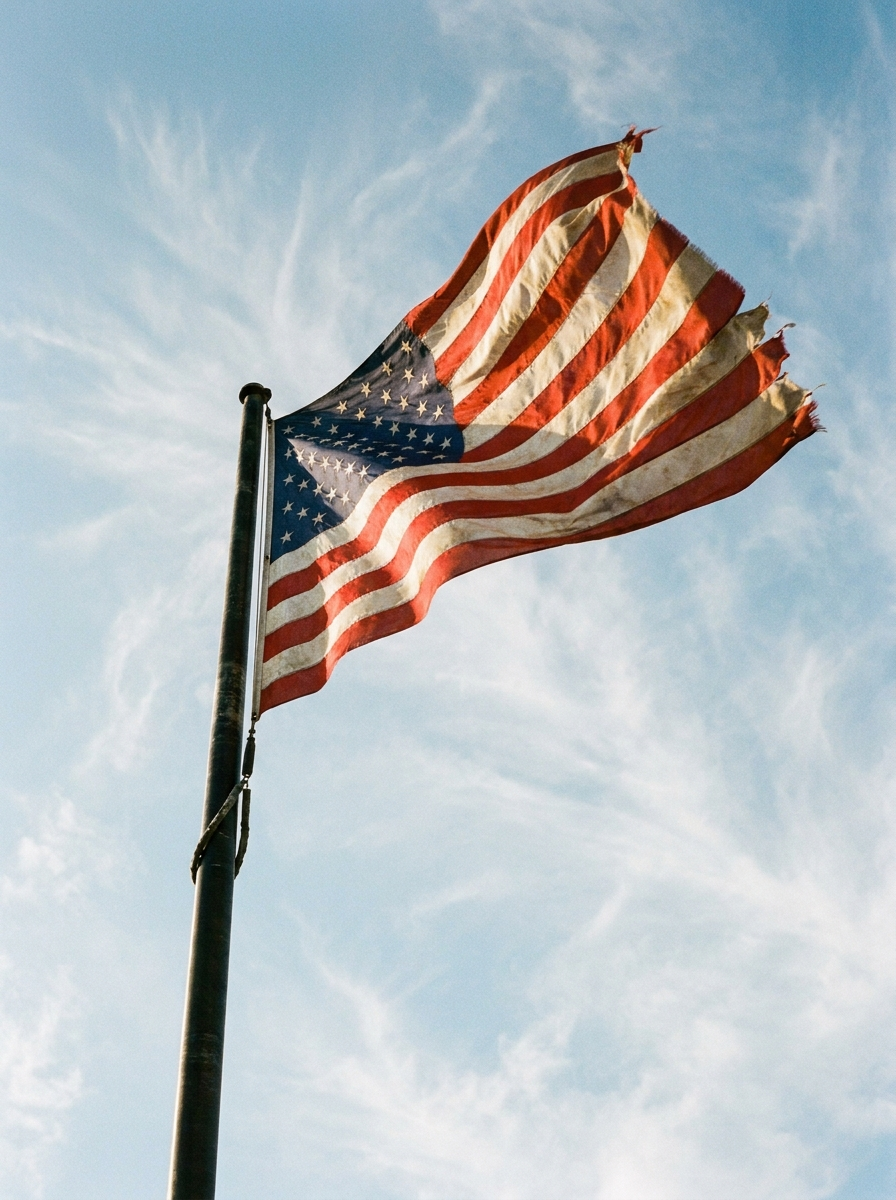 American flag waving against a blue sky