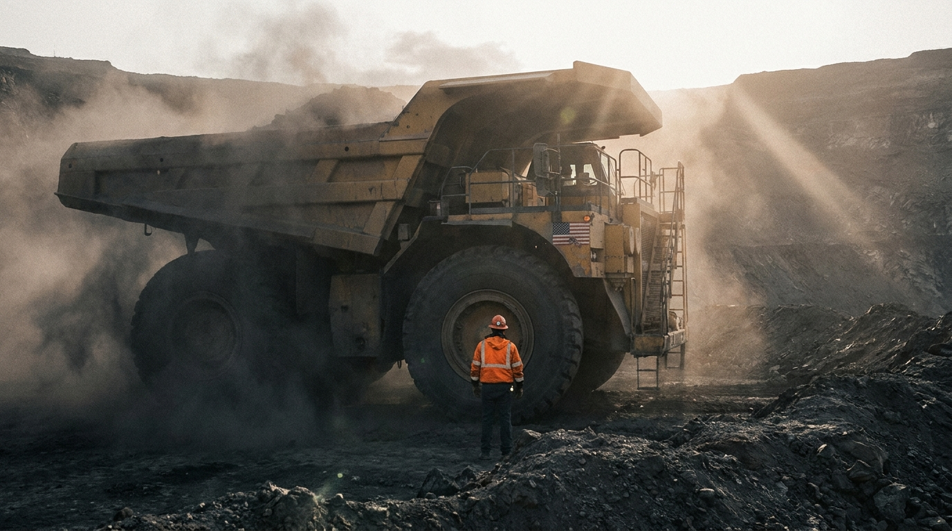 Worker in hi-vis standing before a massive haul truck in the dust