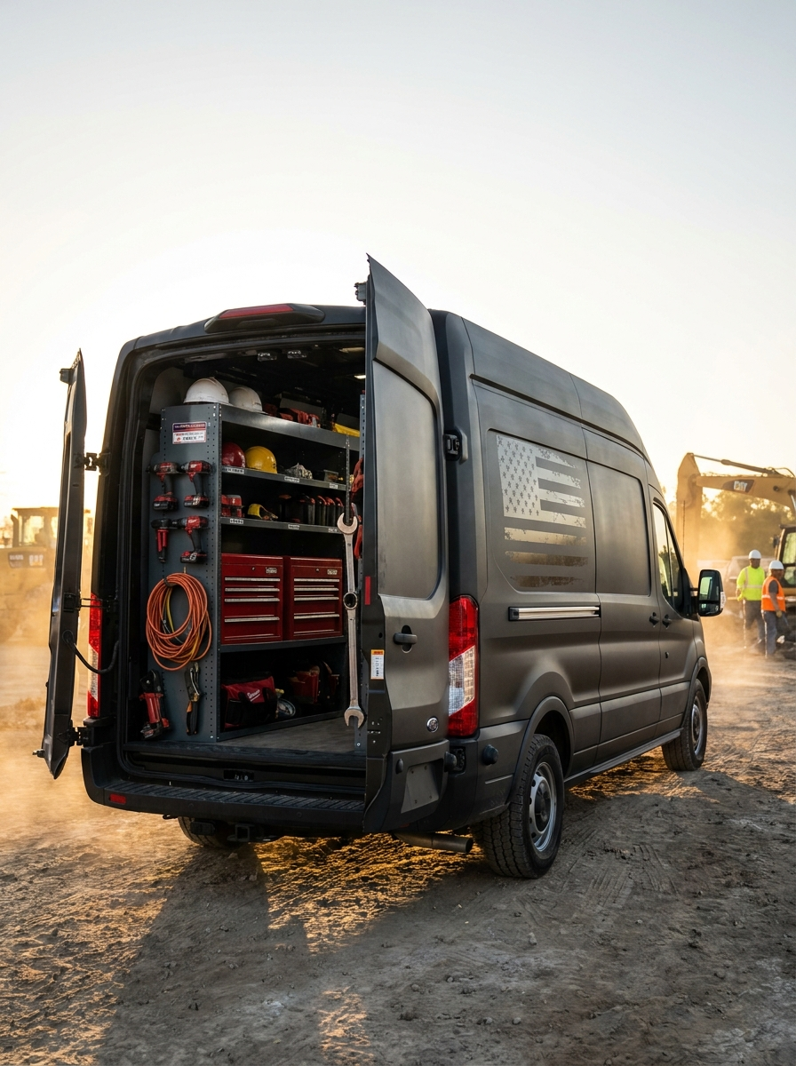 Black work van with an American flag wrap, doors open and loaded with construction tools
