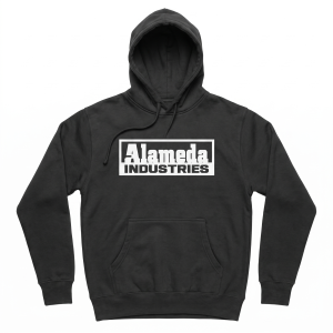 Alameda Industries black heavyweight hoodie with chest logo print