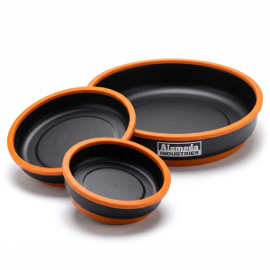 Alameda Industries magnetic parts tray set, three black steel trays with orange rims