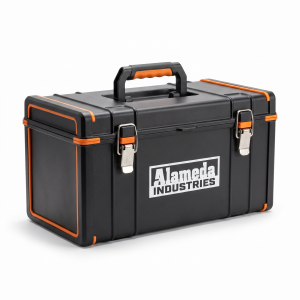 Alameda Industries premium heavy-duty tool box, black with orange accents