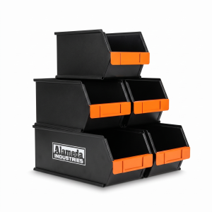 Alameda Industries stackable steel parts bins, black with orange front lips
