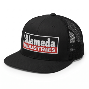 Alameda Industries black trucker cap with embroidered logo