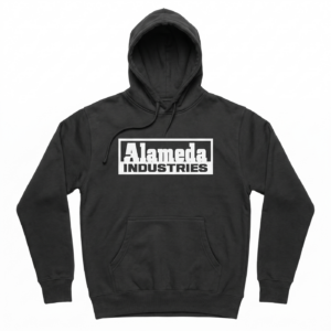Alameda Industries black heavyweight hoodie with chest logo print