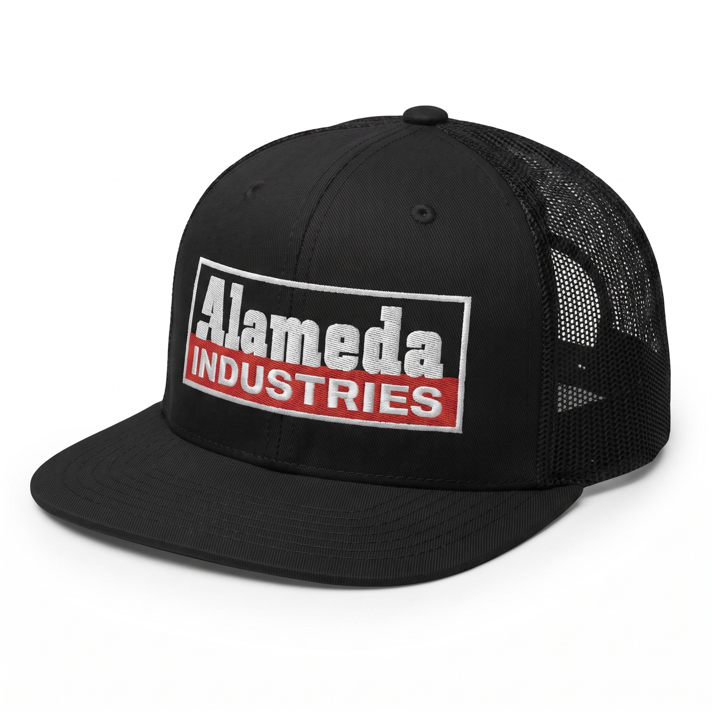 Alameda Industries black trucker cap with embroidered logo